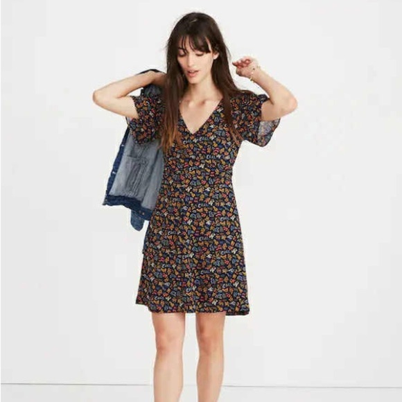 Madewell Floral Mini Dress Tie Front V Neck Short Sleeve Women's Size 00 - Picture 6 of 6